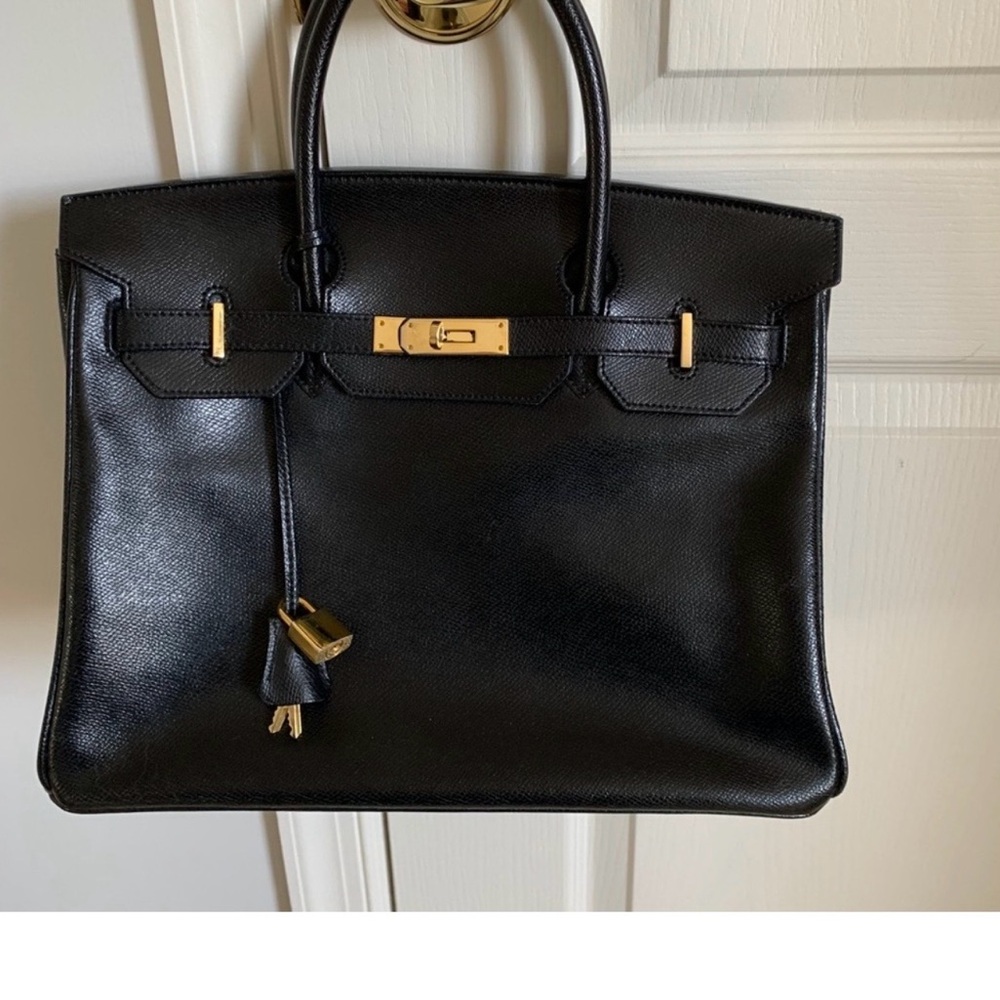 Vintage Black Leather Handbag Tote with Gold Hardware